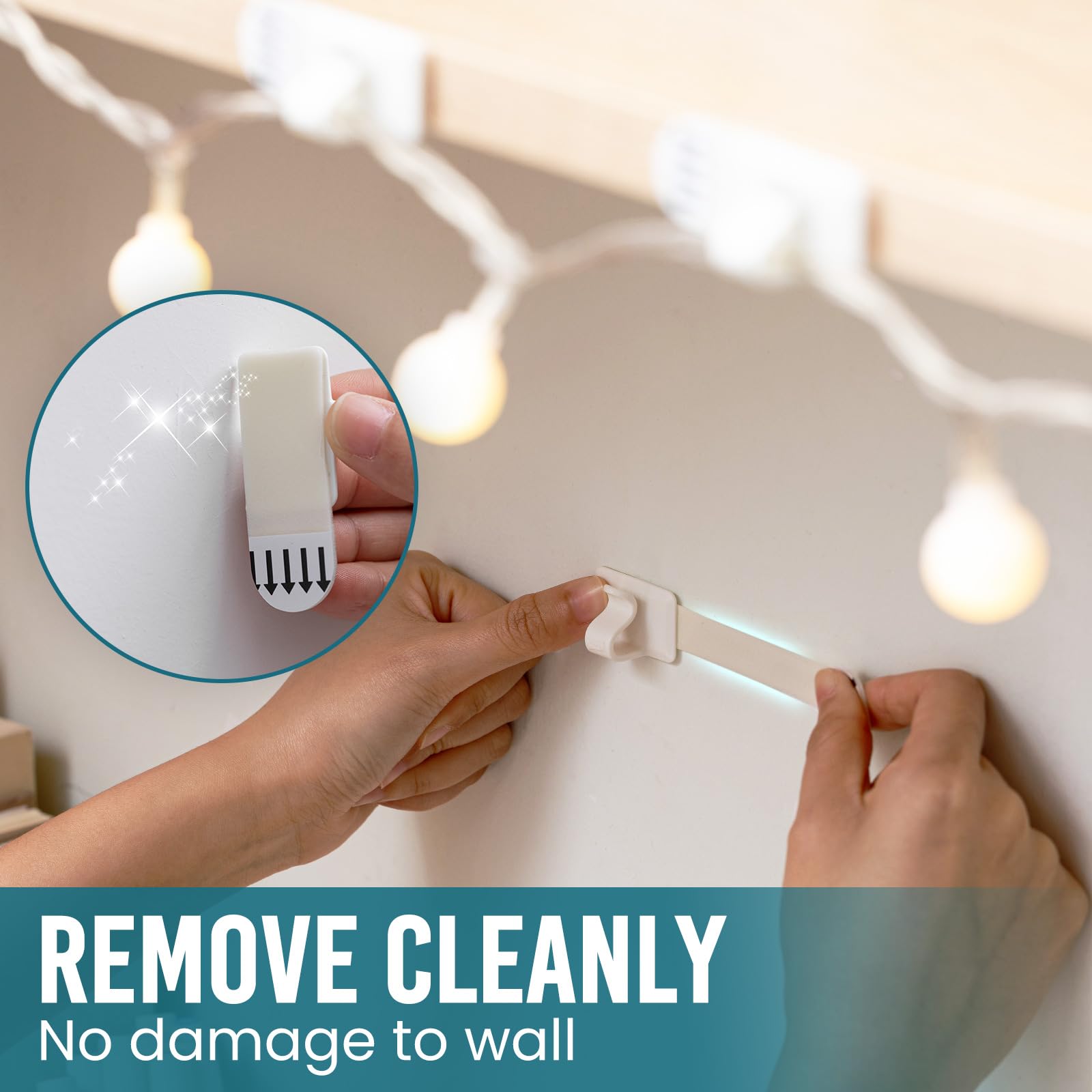 TAILI String Light Hooks Indoor 20 Pcs Light Clips, Damage Free Small Hooks with Adhesive, Removable Withe Wall Hanger for Hanging Lights Holiday Decor and Cables, 20 Clips & 24 Strips