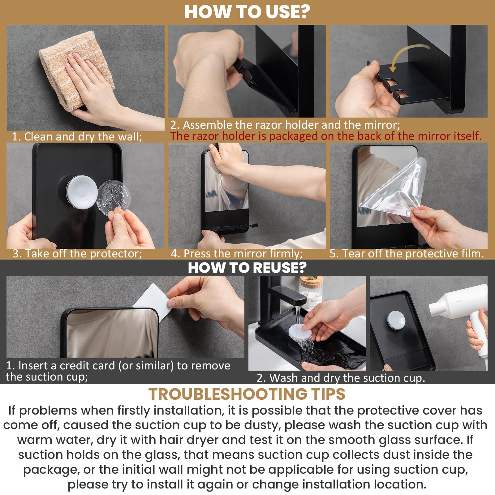 TAILI NICE Series Anti-Fog Shower Mirror with Razor Holder