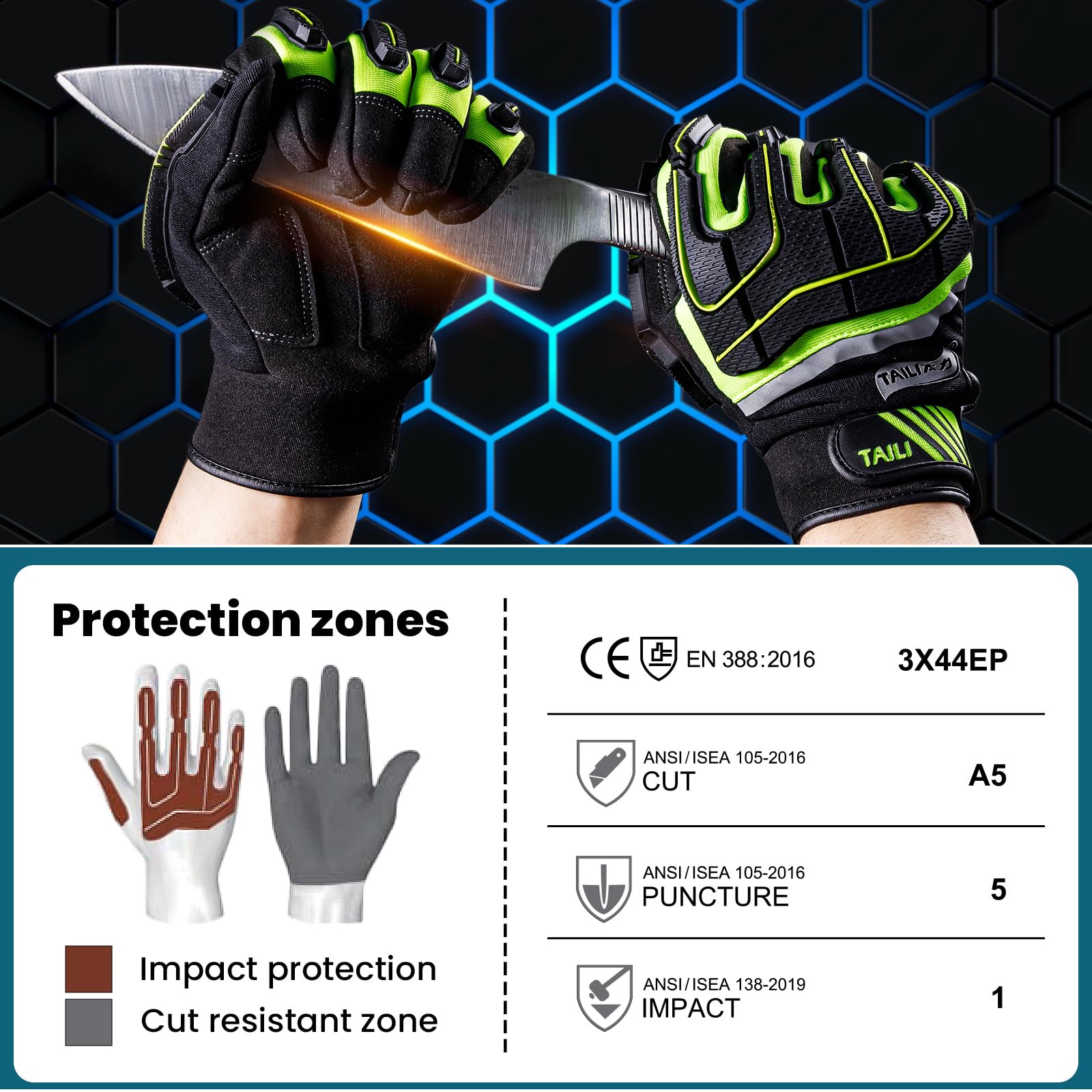 TAILI Heavy Duty Level 5 Puncture and Cut Resistant Gloves for Men Work, 3D PVC Level 1 Impact Protection, Anti Vibration Motorcycle Safety Gloves, Touchscreen, Breathable and Machine Washable