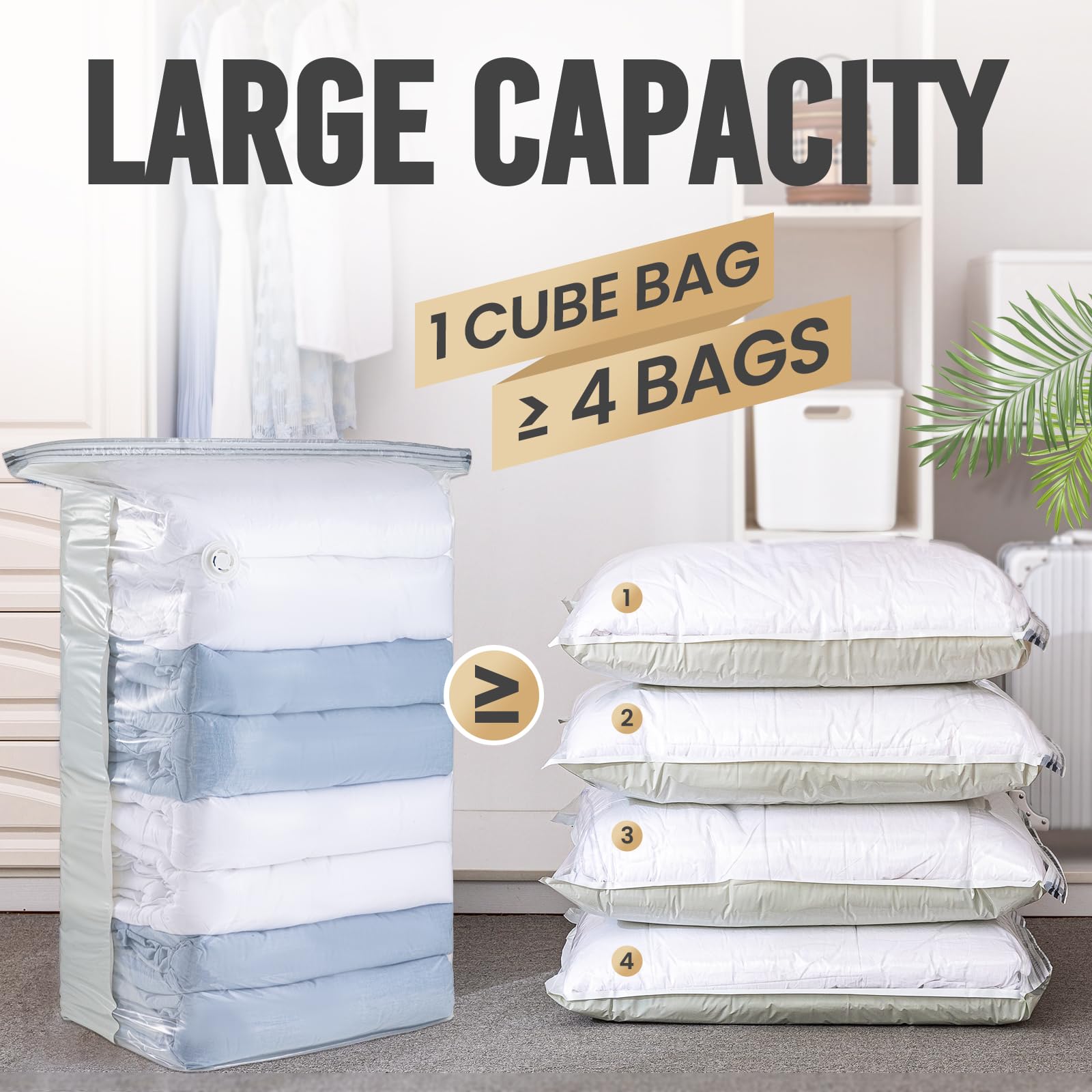 TAILI Vacuum Storage Bags 4 Pack, Jumbo Cube (31x40x15 Inch), Extra Large Vacuum Seal Bags for Clothing, Comforters, Blankets, Bedding, Sweater, Closet Organizers, Space Saving, Cream