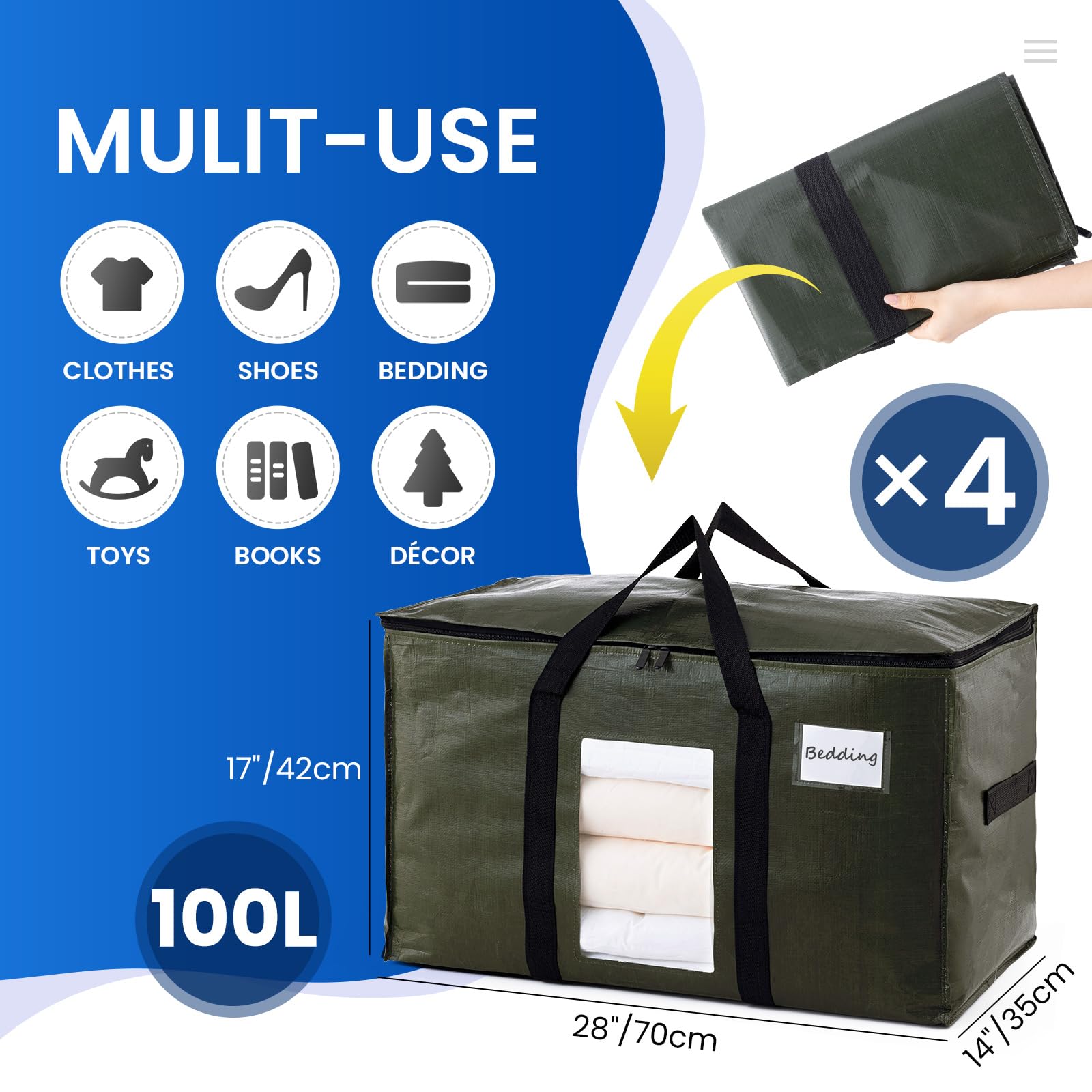 TAILI Extra Large Moving Bags,Black Heavy Duty Totes For Storage with Visible Window, Wrap Around Handles, Storage Bags for Space Saving, Alternative to Moving Boxes- Green