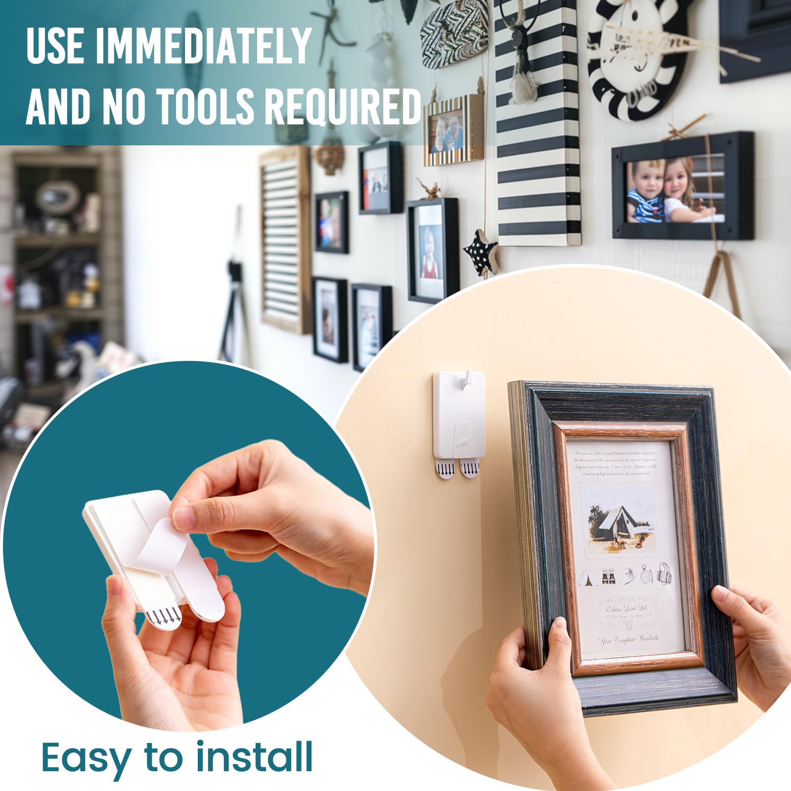 TAILI Picture Hangers 4 Pack(10 Strips) / 8 Pack(18 Strips), Adhesive Picture Hanging Hooks Without Nails, No Damage Sawtooth Hangers, White