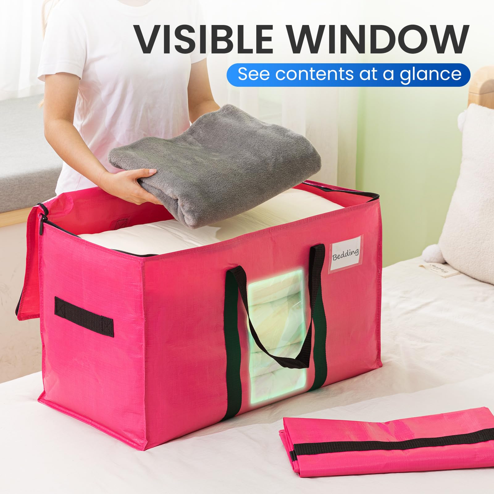 TAILI Extra Large Moving Bags,Black Heavy Duty Totes For Storage with Visible Window, Wrap Around Handles, Storage Bags for Space Saving, Alternative to Moving Boxes-PINK