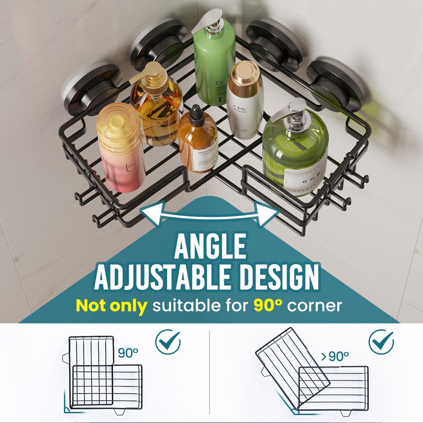 TAILI Corner-adaptive Suction Cup Shower Caddy 2 Pack, Stainless Steel Rustproof Corner Shower Shelves, Drill-Free Wall Mounted Baskets, Large Capacity, Removable Suction Cup Bathroom Organizer