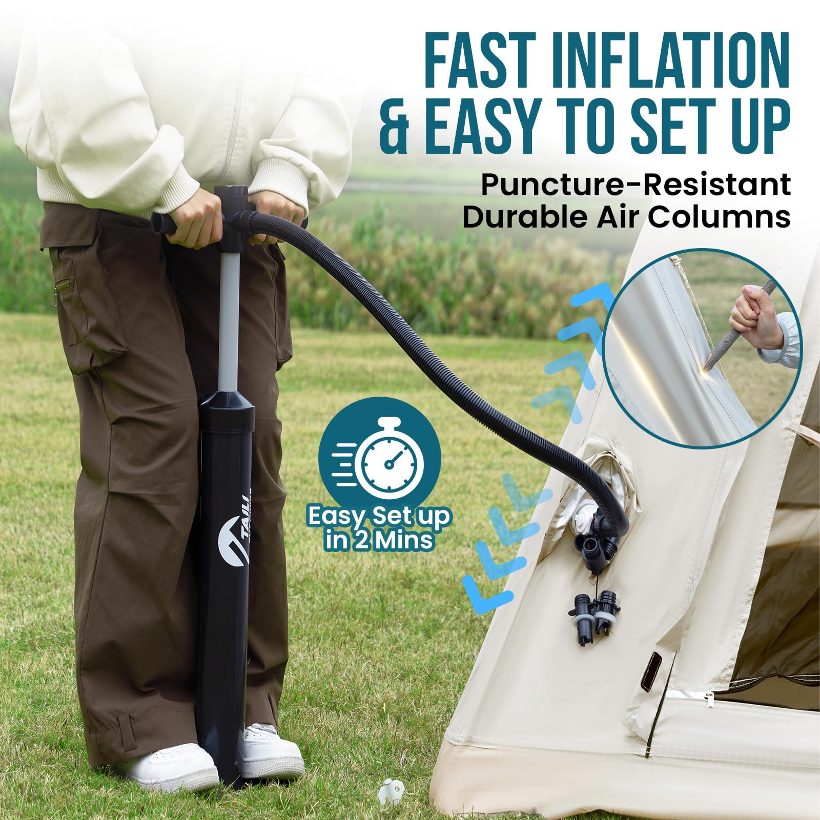 TAILI Inflatable Blow Up Tent for Camping with Hand Pump for 4-6 Person, Easy Setup Outdoor Inflatable Oxford Waterproof Air Tent House for Family Camping Adult, Khaki