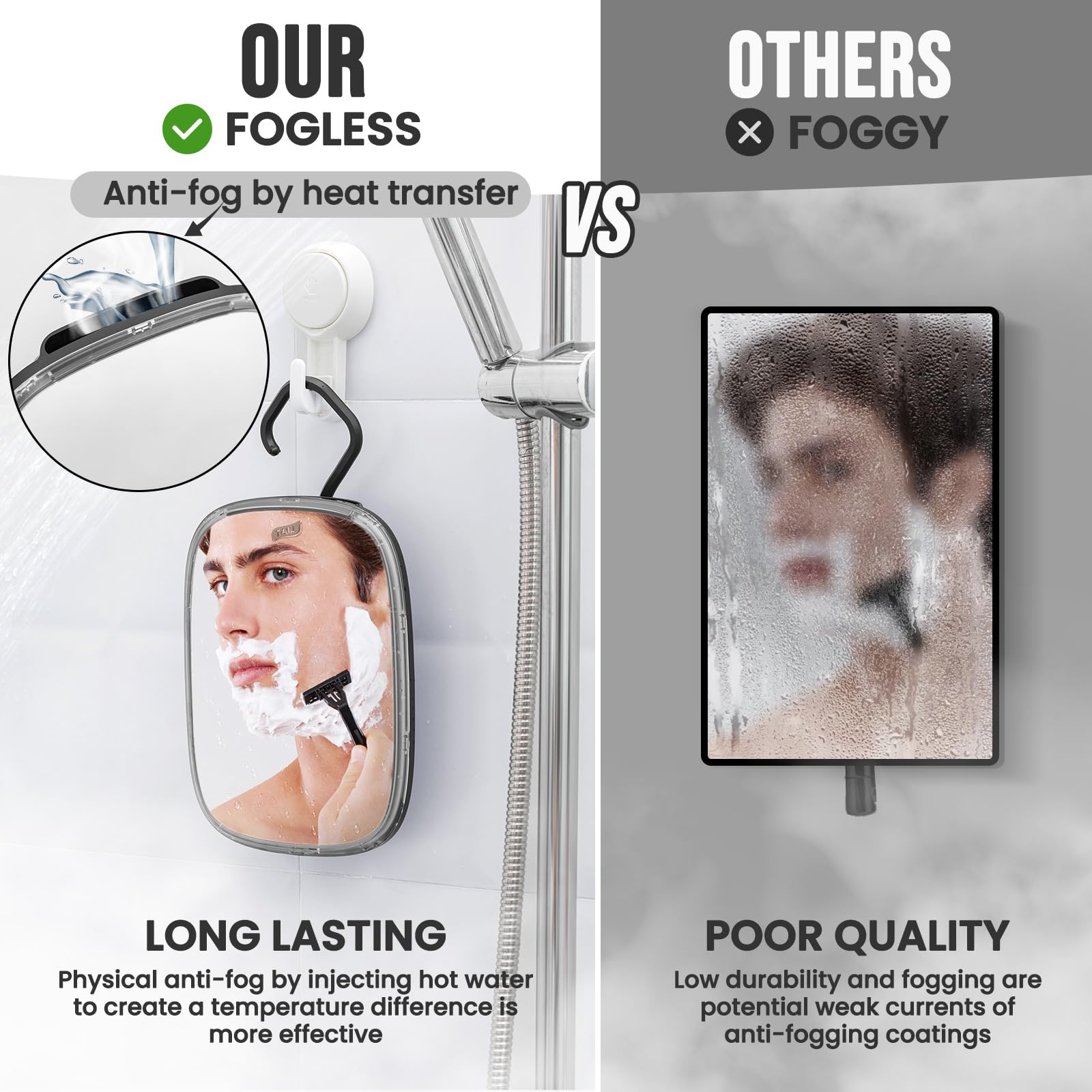 TAILI Fogless Shower Mirror – Portable & Removable Shaving Mirror