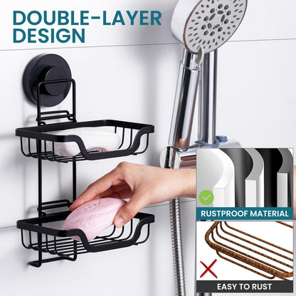 TAILI Double Layer Soap Holder, Bar Soap Dish Suction Cup for Shower Wall, Draining Saver Tray for Bathroom, Rustproof Stainless Steel Sponge Holder for Tub, Kitchen, Drill-Free
