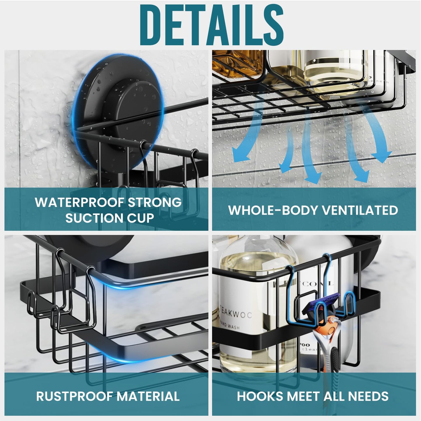 TAILI Corner-adaptive Suction Cup Shower Caddy 2 Pack, Stainless Steel Rustproof Corner Shower Shelves, Drill-Free Wall Mounted Baskets, Large Capacity, Removable Suction Cup Bathroom Organizer