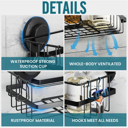 TAILI Corner-adaptive Suction Cup Shower Caddy 2 Pack, Stainless Steel Rustproof Corner Shower Shelves, Drill-Free Wall Mounted Baskets, Large Capacity, Removable Suction Cup Bathroom Organizer