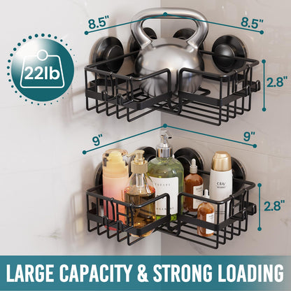 TAILI Corner-adaptive Suction Cup Shower Caddy 2 Pack, Stainless Steel Rustproof Corner Shower Shelves, Drill-Free Wall Mounted Baskets, Large Capacity, Removable Suction Cup Bathroom Organizer