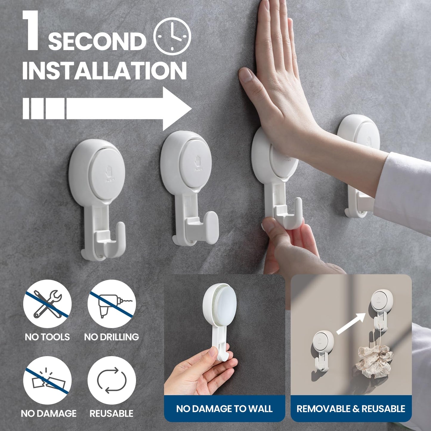 TAILI Suction Towel Hook for Bathroom, Damage-Free Hanging Hooks for Inside Shower Wall, Powerful Vacuum Suction Cup Shower Holder for Towel, Loofah, Cloth, Easy to Install and Remove, 4 Pack