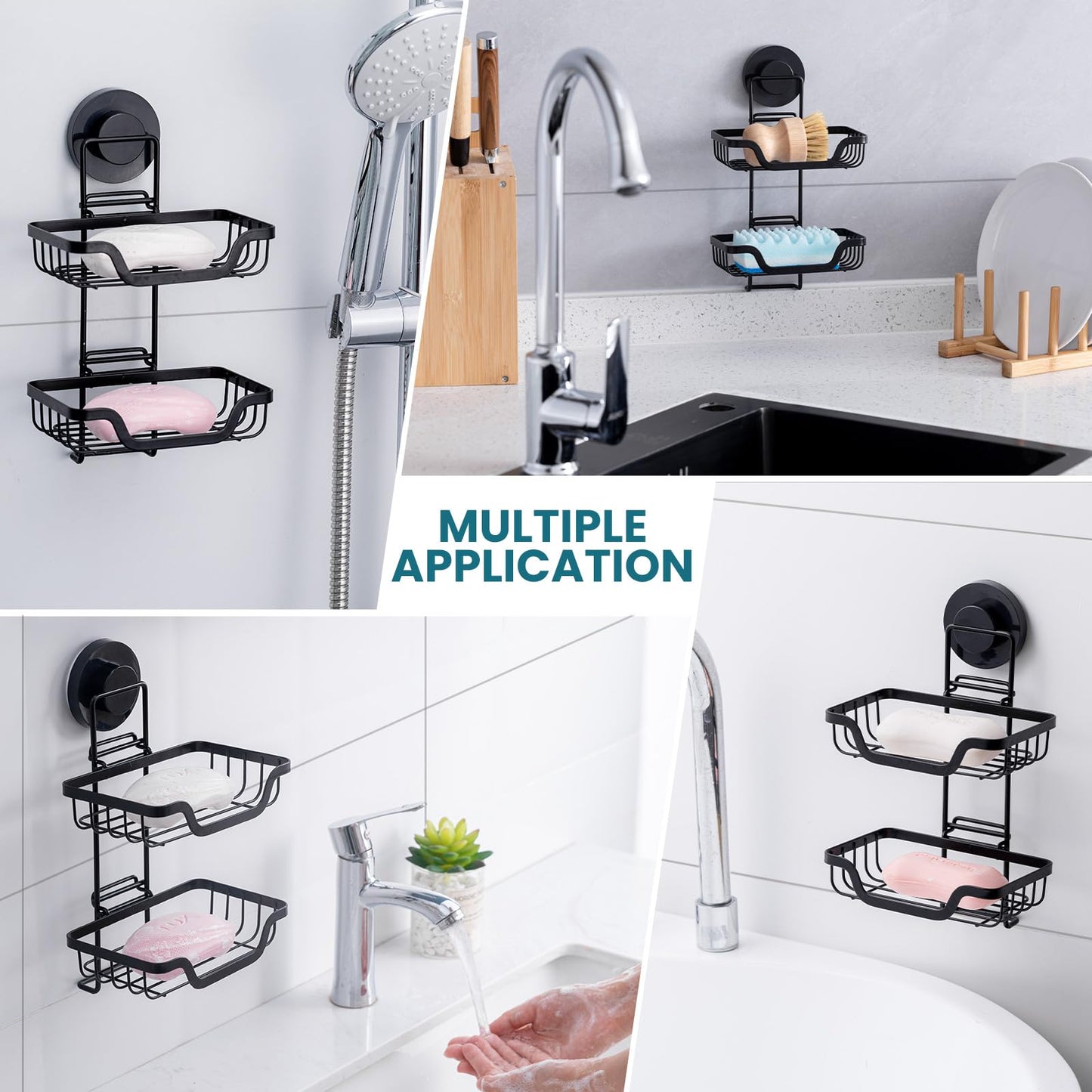 TAILI Double Layer Soap Holder, Bar Soap Dish Suction Cup for Shower Wall, Draining Saver Tray for Bathroom, Rustproof Stainless Steel Sponge Holder for Tub, Kitchen, Drill-Free