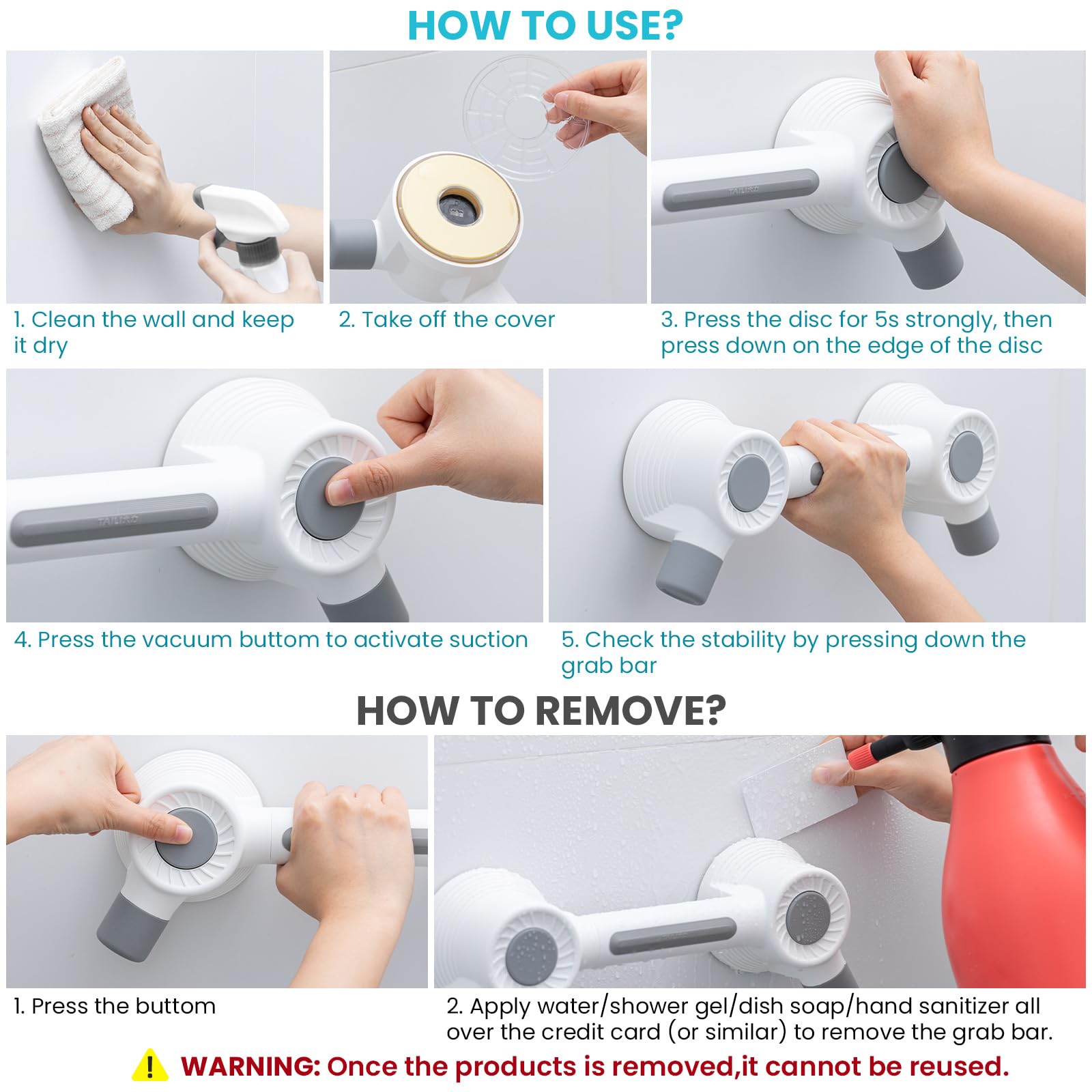 TAILI Space Series Adhesive Shower Grab Bar – Drill-Free Bathroom Safety Support