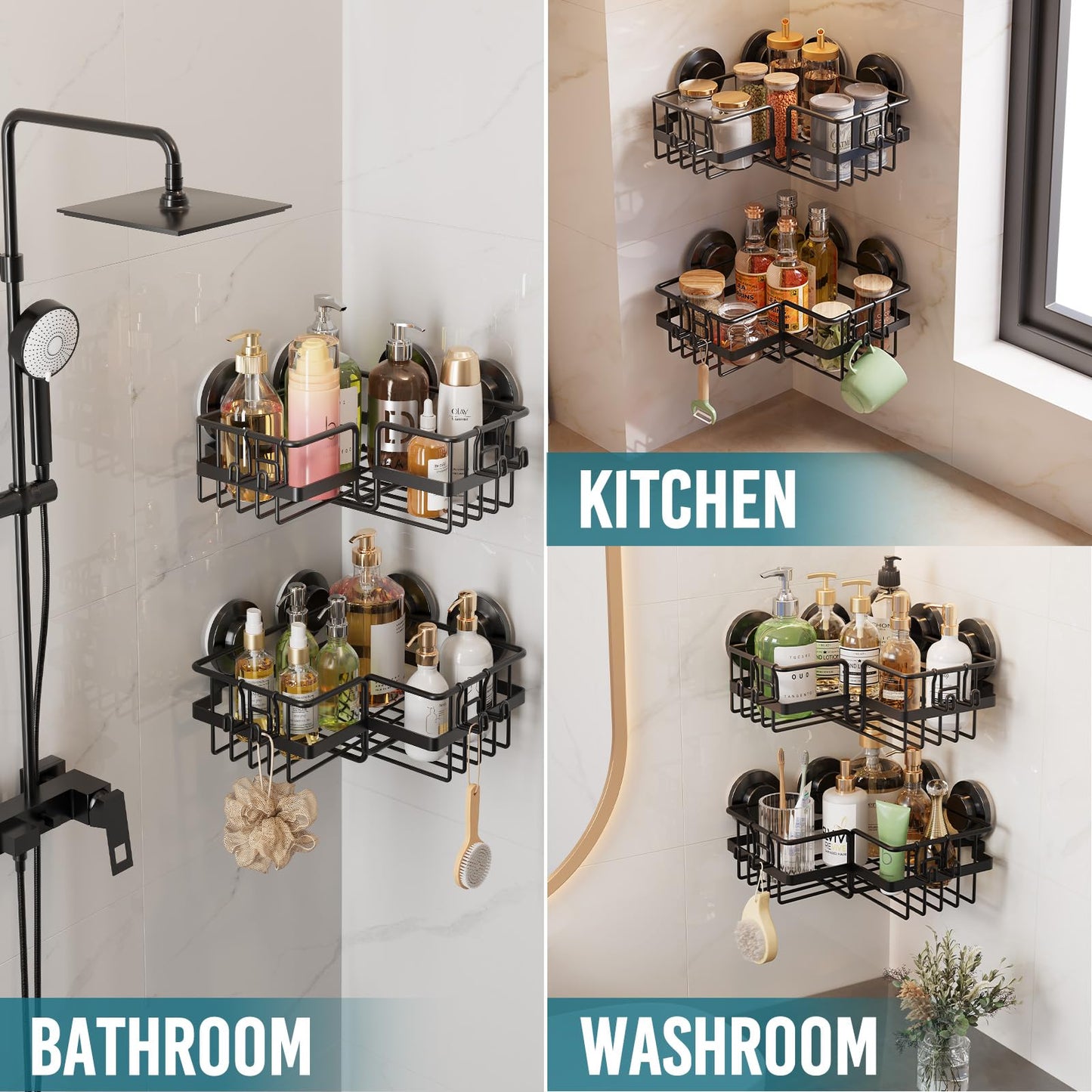 TAILI Corner-adaptive Suction Cup Shower Caddy 2 Pack, Stainless Steel Rustproof Corner Shower Shelves, Drill-Free Wall Mounted Baskets, Large Capacity, Removable Suction Cup Bathroom Organizer