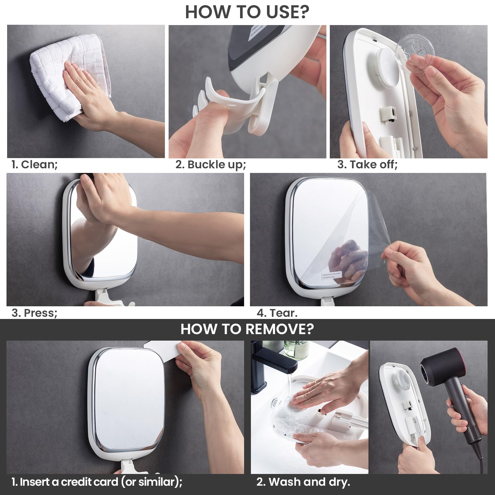 TAILI Nice Series Fogless Shower Shaving Mirror – No-Drill Suction Wall Mount