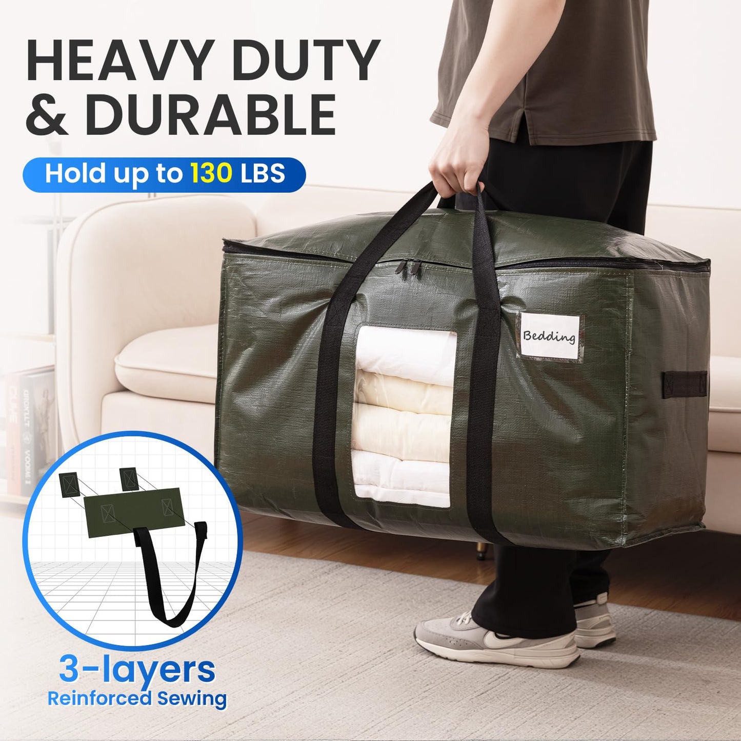 TAILI Extra Large Moving Bags,Black Heavy Duty Totes For Storage with Visible Window, Wrap Around Handles, Storage Bags for Space Saving, Alternative to Moving Boxes- Green