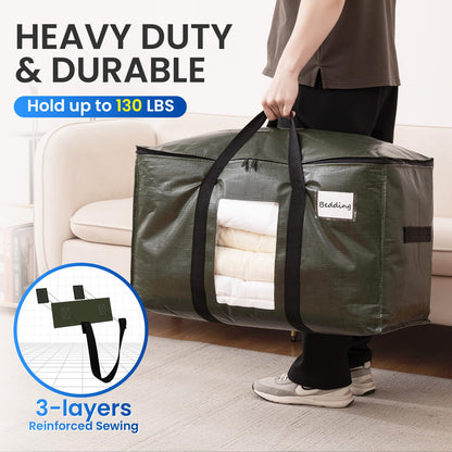 TAILI Extra Large Moving Bags,Black Heavy Duty Totes For Storage with Visible Window, Wrap Around Handles, Storage Bags for Space Saving, Alternative to Moving Boxes- Green