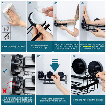 TAILI Corner-adaptive Suction Cup Shower Caddy 2 Pack, Stainless Steel Rustproof Corner Shower Shelves, Drill-Free Wall Mounted Baskets, Large Capacity, Removable Suction Cup Bathroom Organizer
