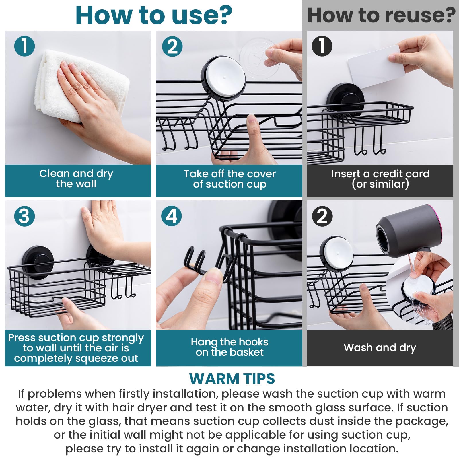 TAILI Line Series Suction Shower Caddy – No-Drill Metal Bathroom Organizer