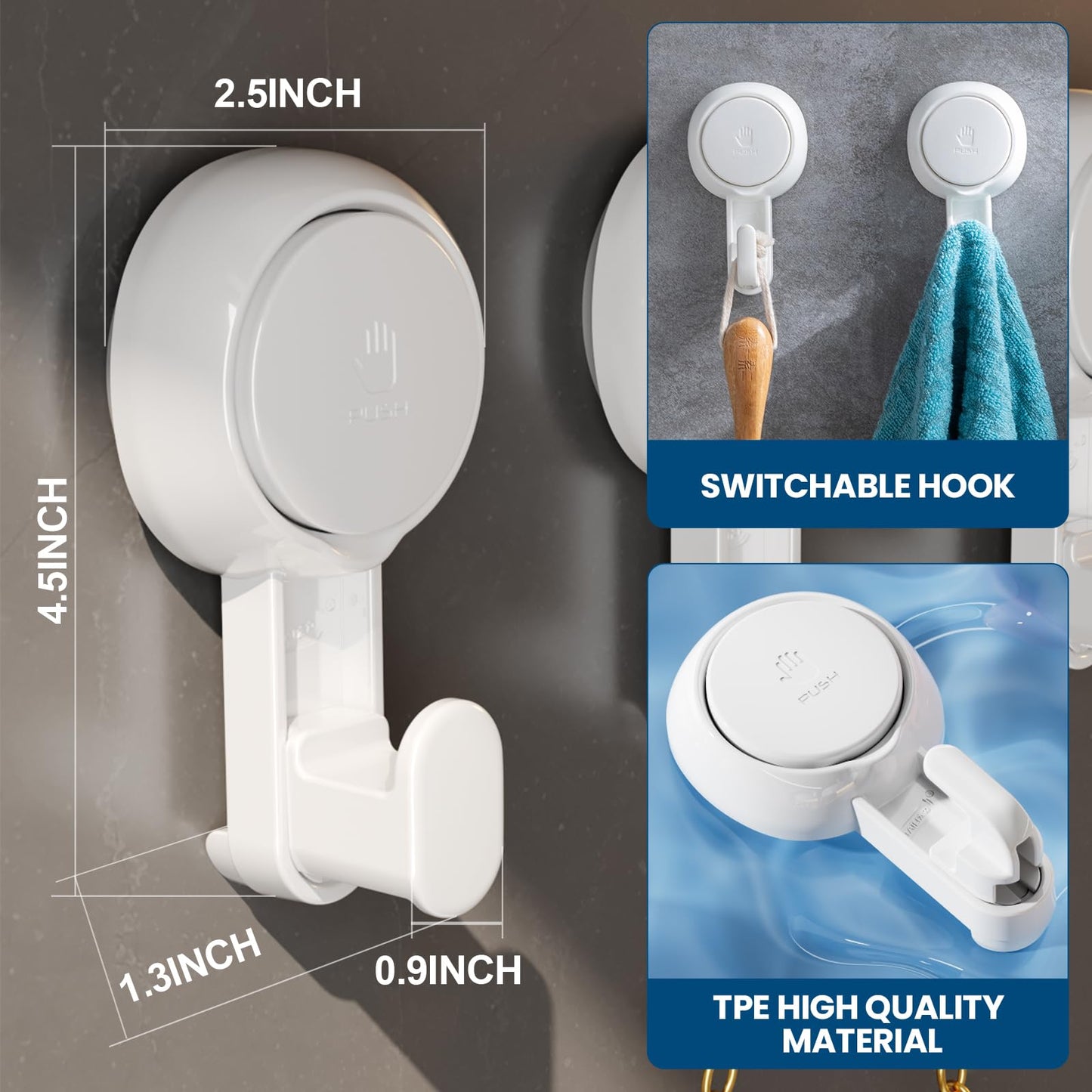 TAILI Suction Towel Hook for Bathroom, Damage-Free Hanging Hooks for Inside Shower Wall, Powerful Vacuum Suction Cup Shower Holder for Towel, Loofah, Cloth, Easy to Install and Remove, 4 Pack