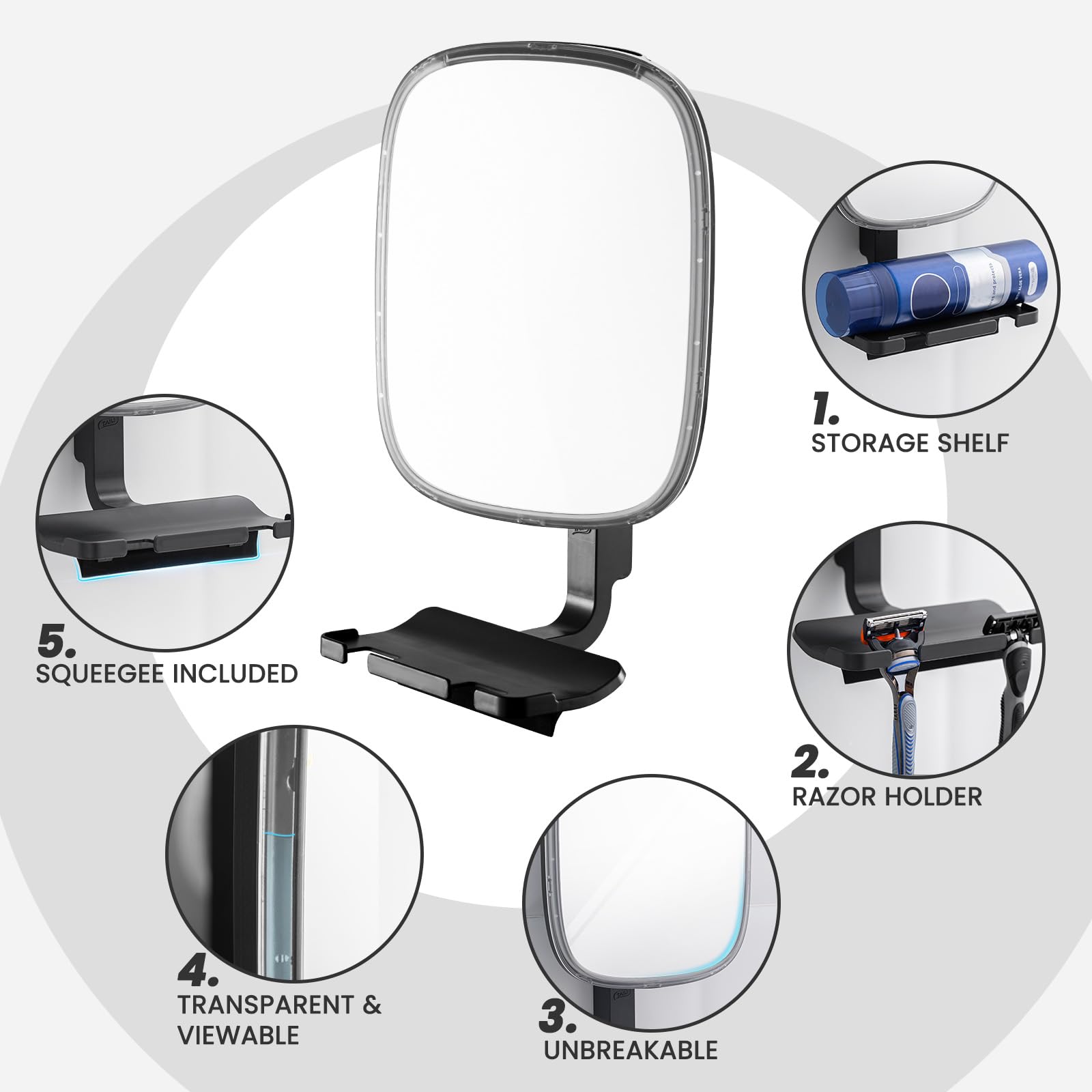 TAILI NICE Series Fogless Shower Mirror – Suction Shaving Mirror with Razor Holder