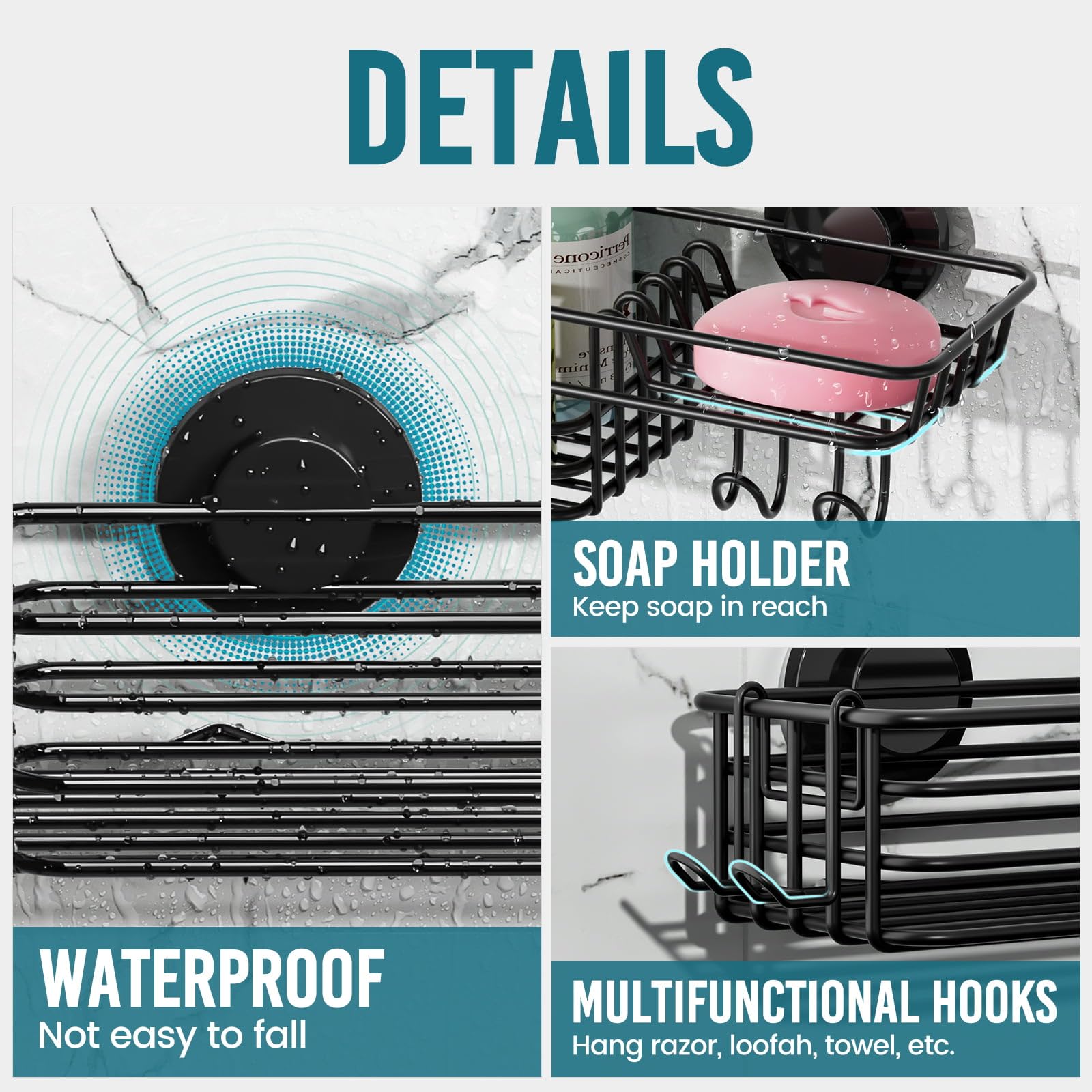 TAILI Line Series Suction Shower Caddy – No-Drill Metal Bathroom Organizer