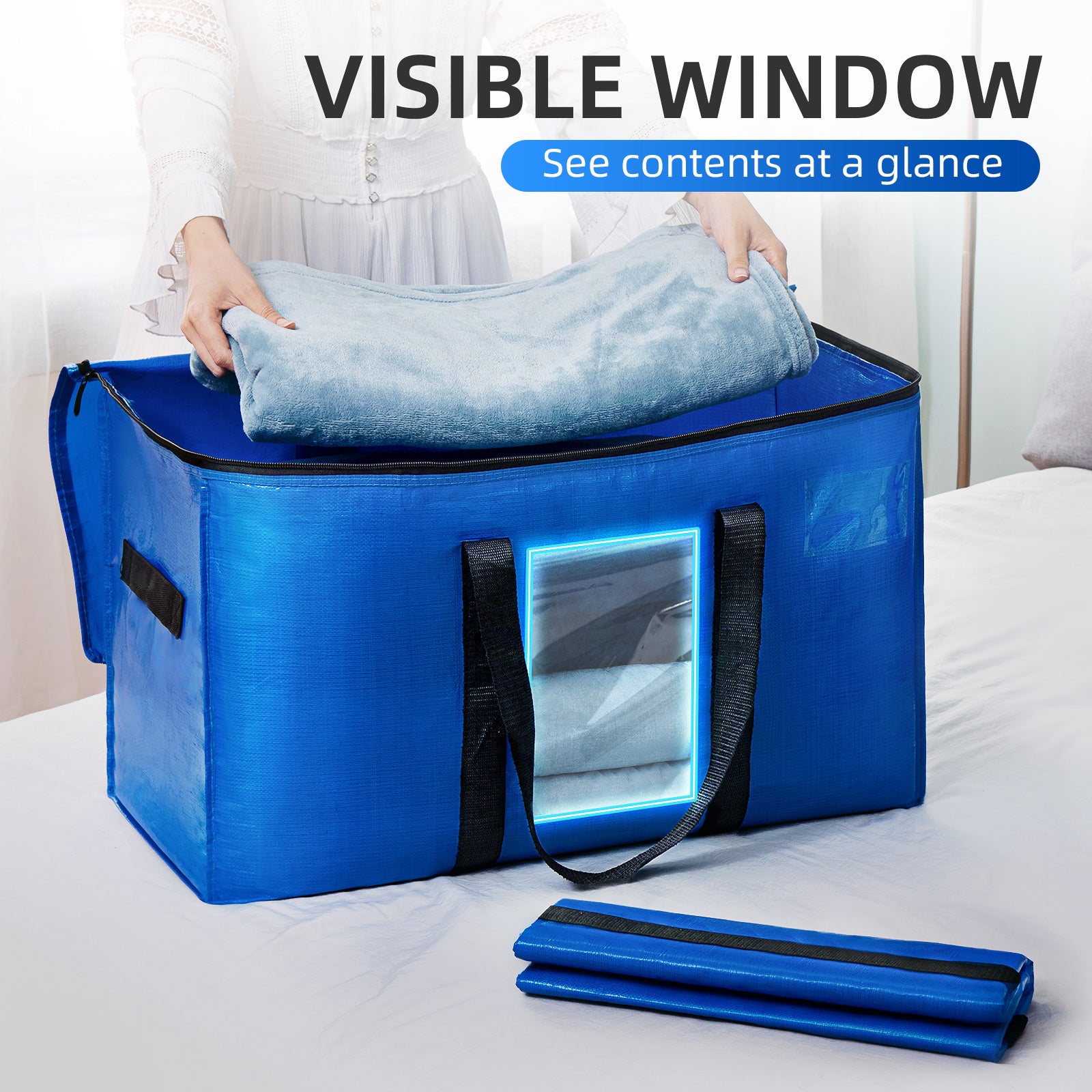 TAILI Moving Bags Extra Large, Heavy Duty Storage Bags with Visible Window, Wrap Around Handles and Reinforced Zipper Storage Tote for Space Saving Moving Storage, Moving totes-BLUE