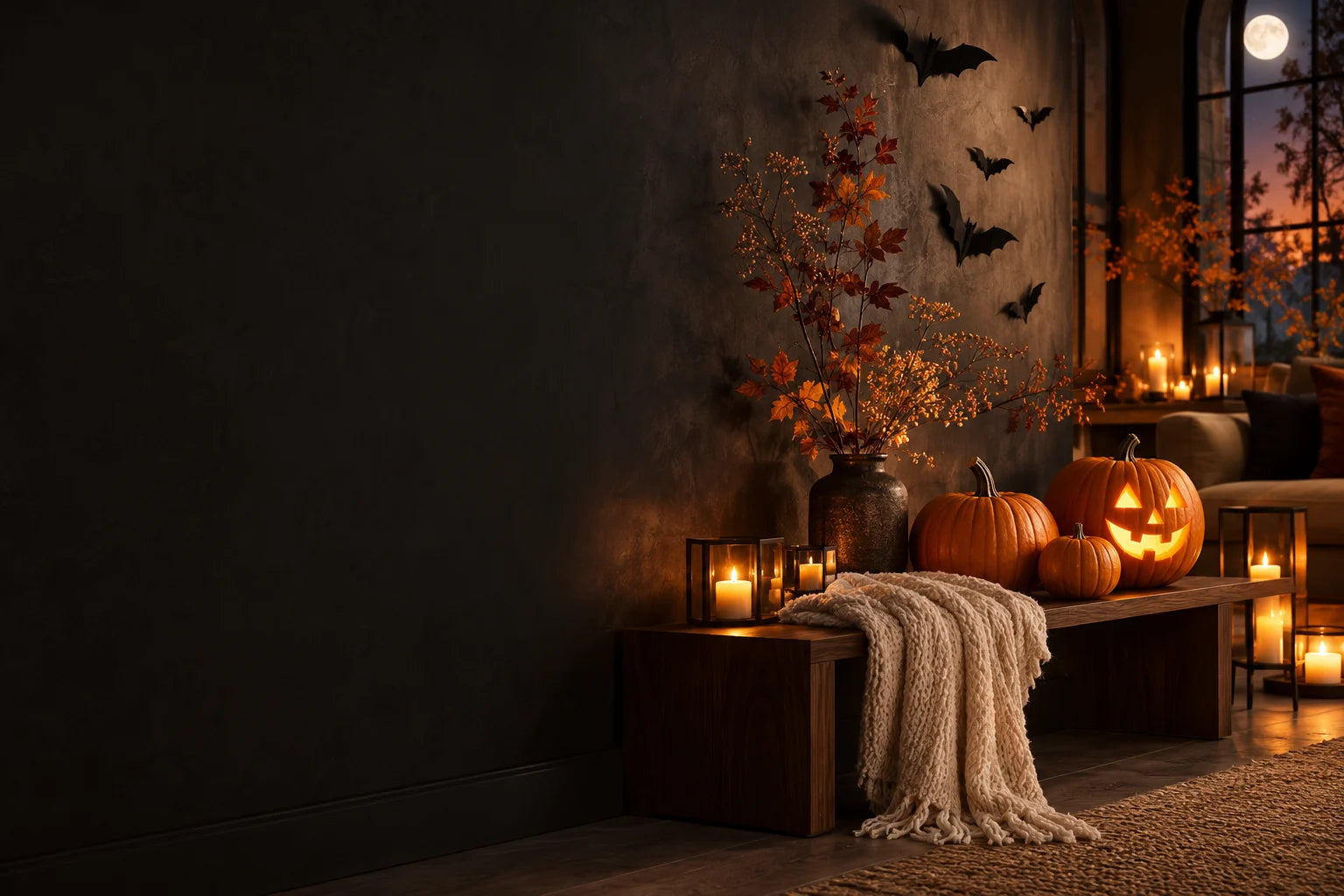 Pumpkins, paper bats and candlelight in a cozy autumn home