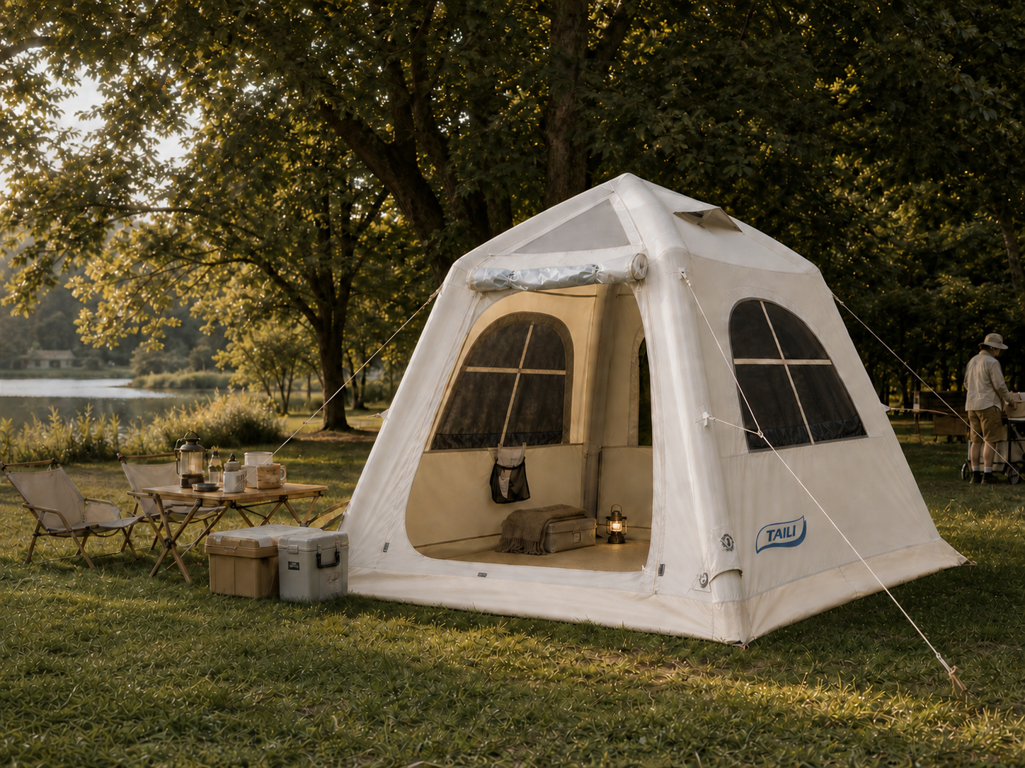 An inflatable tent set up beside a lake