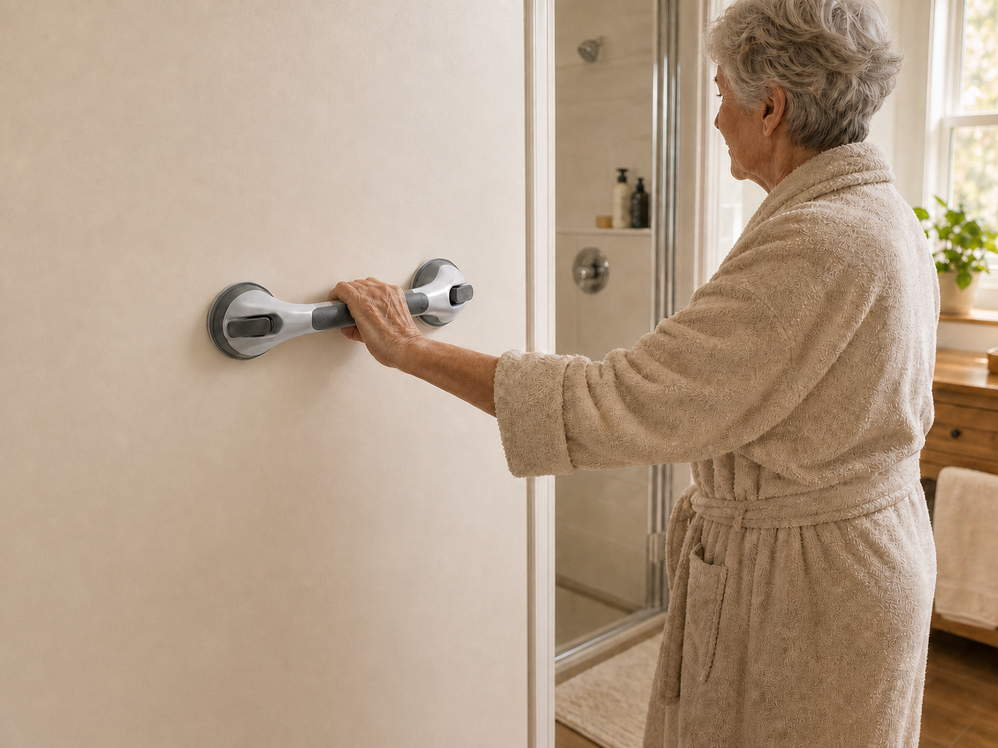 A grab bar supporting safer movement in a bathroom