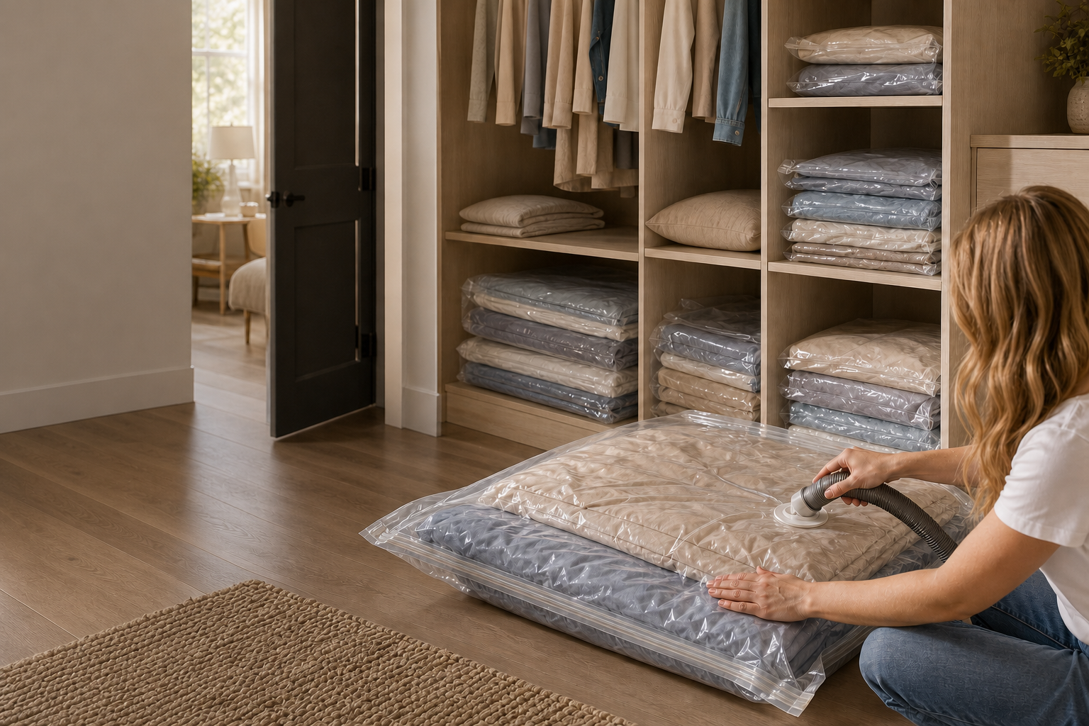 Vacuum bags compressing bedding inside an organized closet
