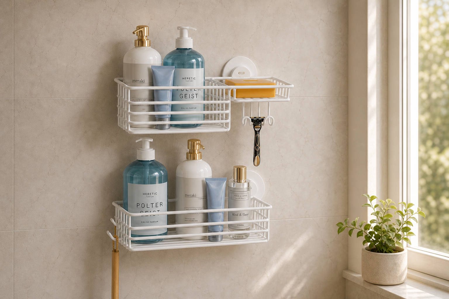 Suction bathroom shelves creating vertical storage